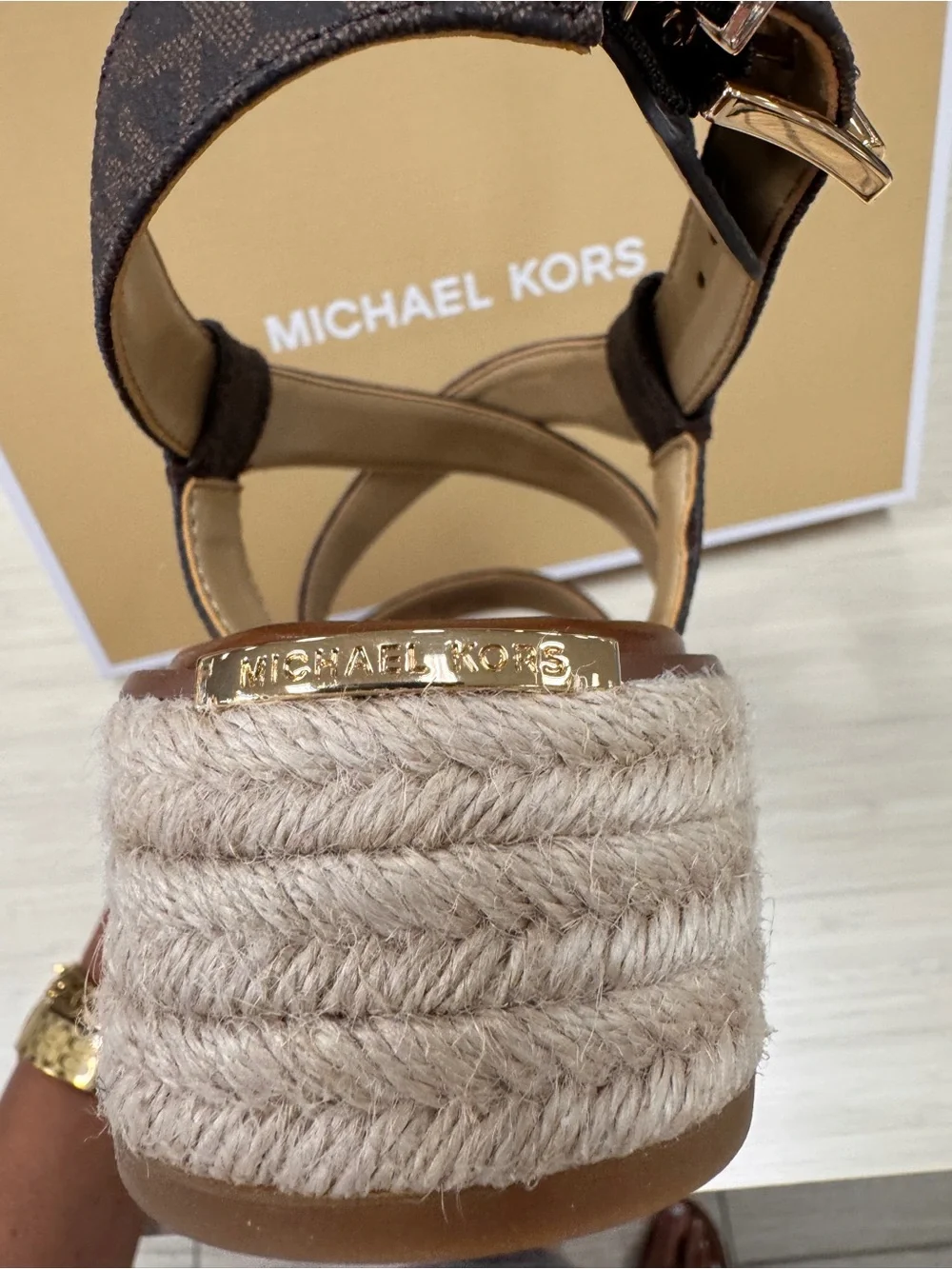 Michael Kors Brown Logo Espadrille Platform Sandal with Gold Buckle
